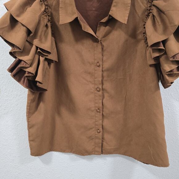 Marc New York Ruffle Sleeve Button Front Blouse Brown Size L - Picture 7 of 12